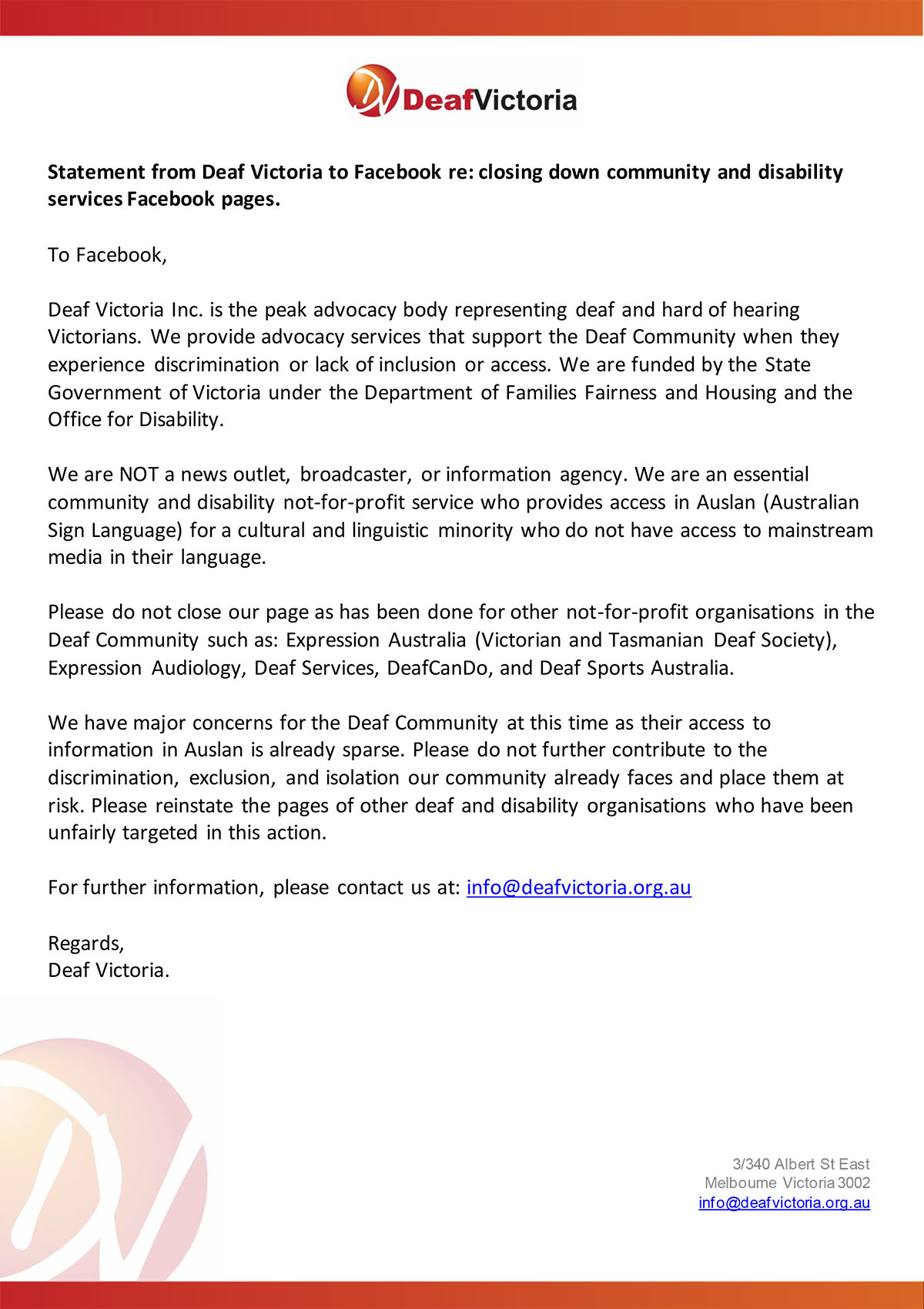 Statement to Facebook